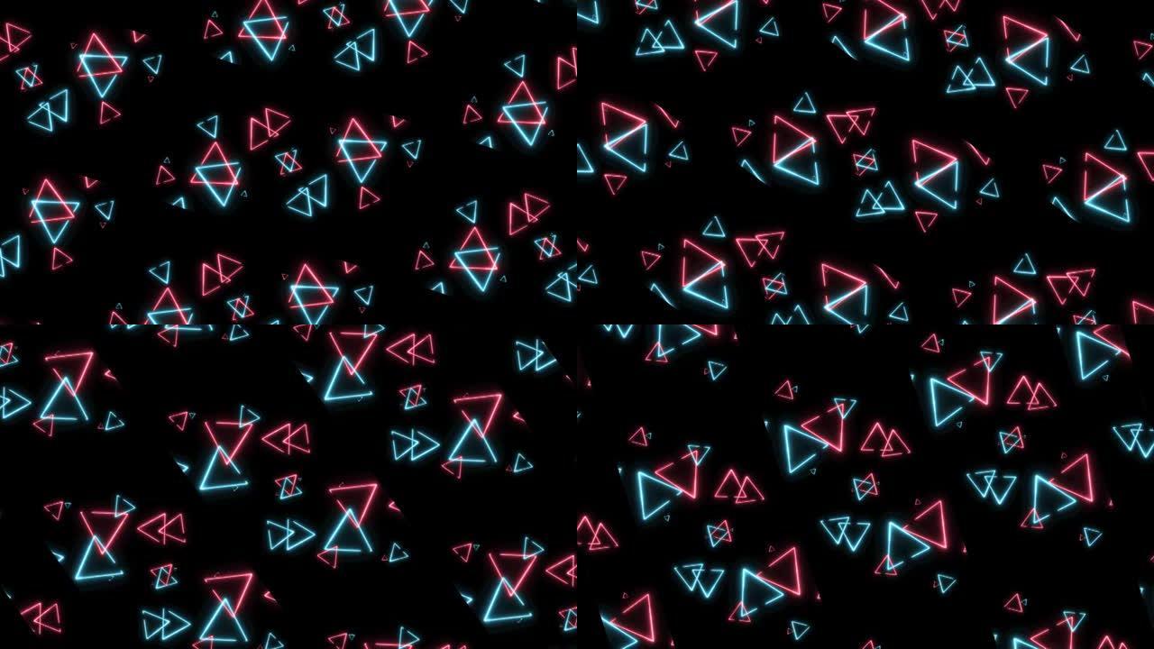 粉色蓝色三角光抽象在黑屏上漂浮和旋转