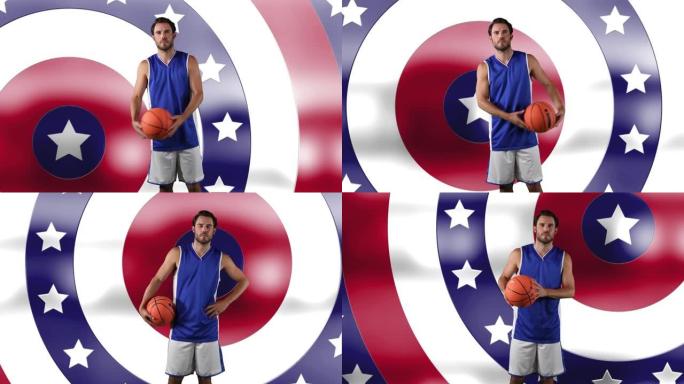 篮球运动员在美国国旗图案和彩圈上的动画