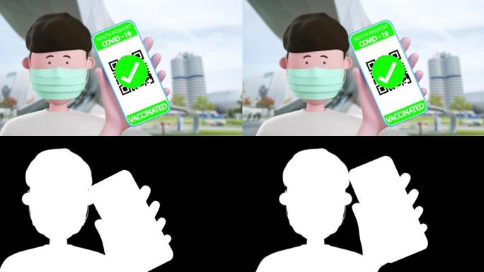 3d动画杂志男子持有智能手机应用疫苗接种证书为新型冠状病毒肺炎，疫苗护照为德语。