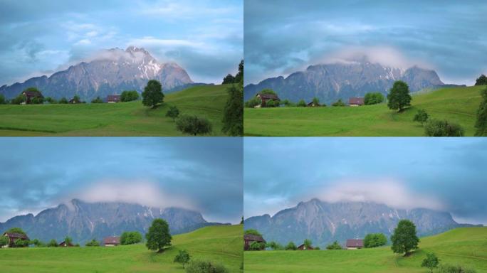 2018年5月13日瑞士皮拉图斯山霍鲁村。皮拉图斯山的缩放视图，云漂浮在山附近。皮拉图斯山的延时视频