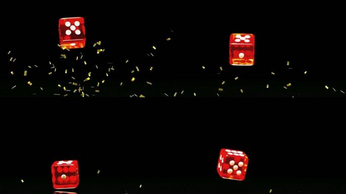 金色五彩纸屑落在黑色背景下的红色赌场骰子上