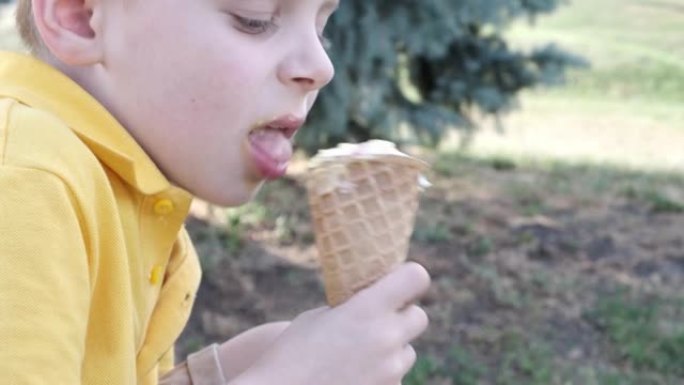 夏天，小男孩在街上的华夫饼杯里吃冰淇淋。