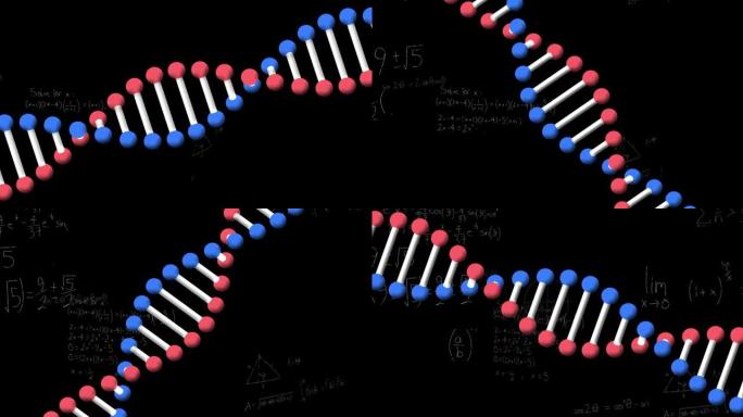 黑色背景上dna链上的数学方程动画