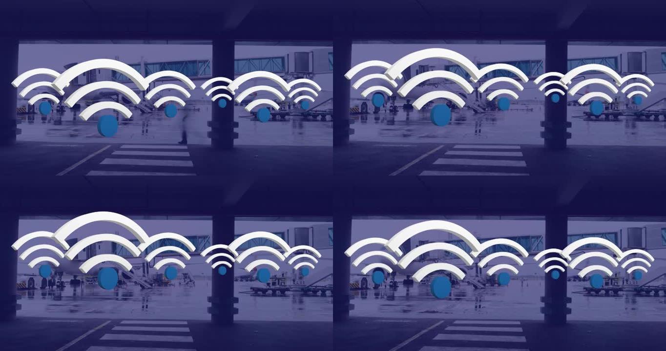漂浮在机场上空的wifi数字图标动画