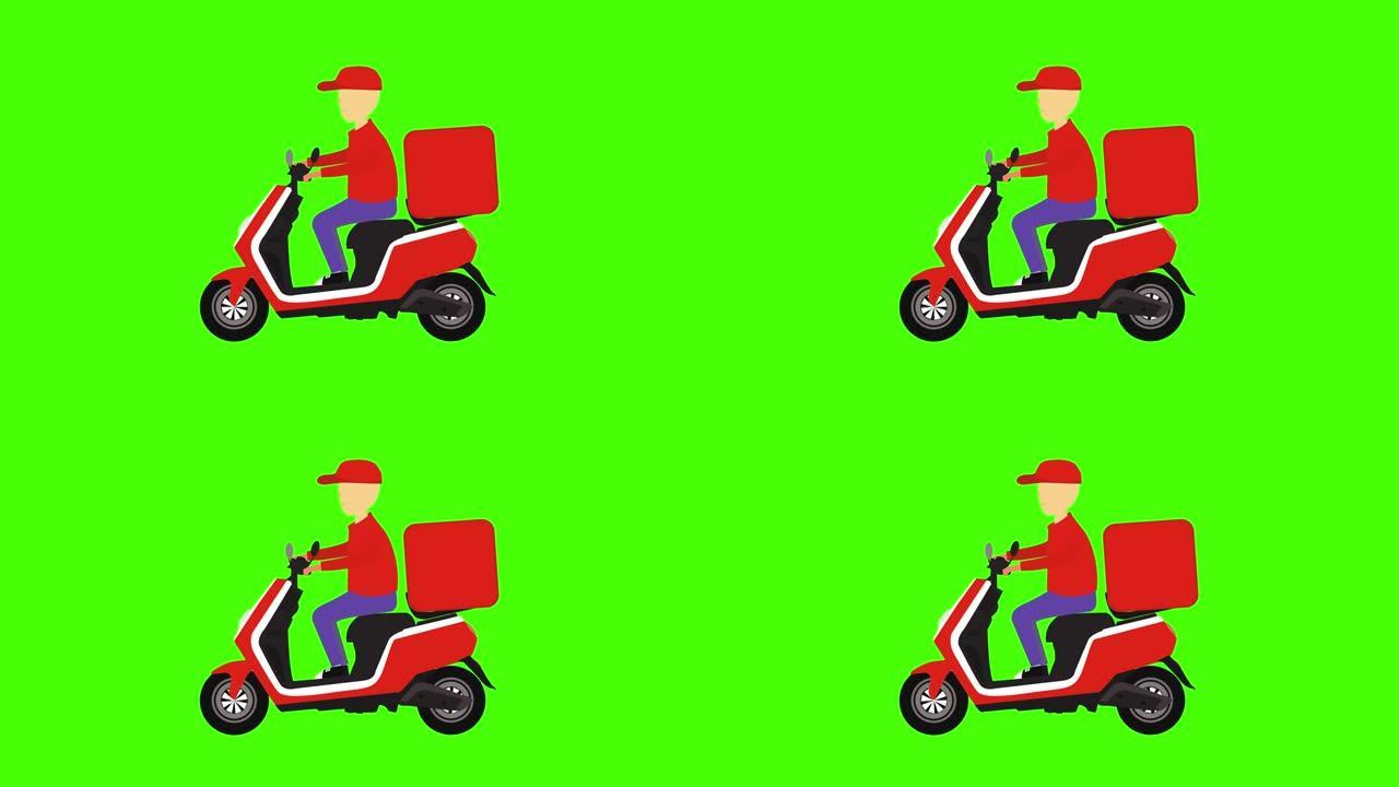 摩托车食品配送的平面动画绿屏色度键