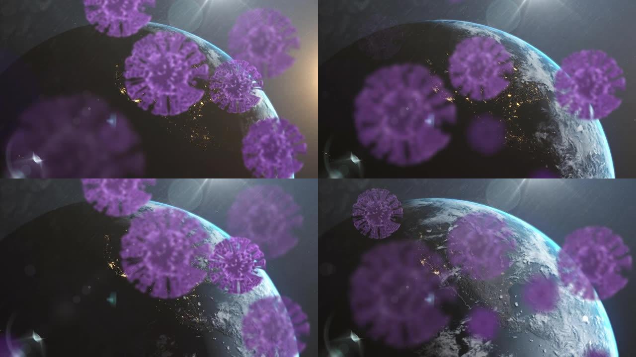 蓝色背景下漂浮在旋转的地球上的多个紫色新型冠状病毒肺炎细胞