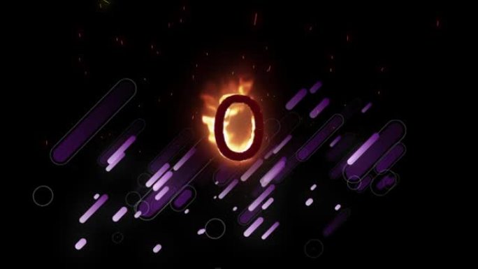 黑色背景上的橙色火焰数字0动画，带有紫色烟花