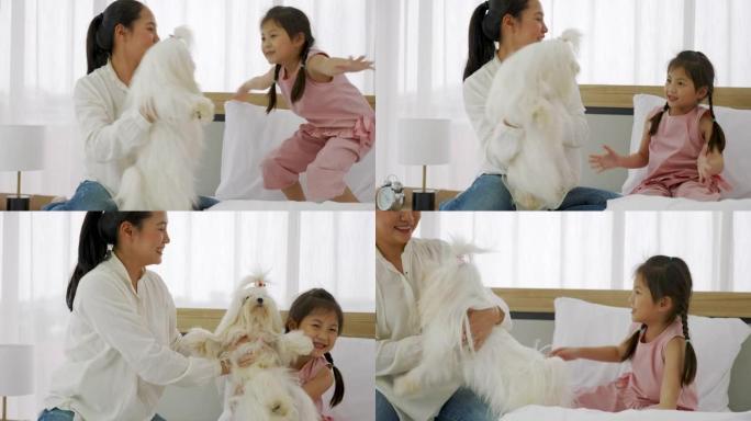 亚洲母女在家快乐地与狗玩耍