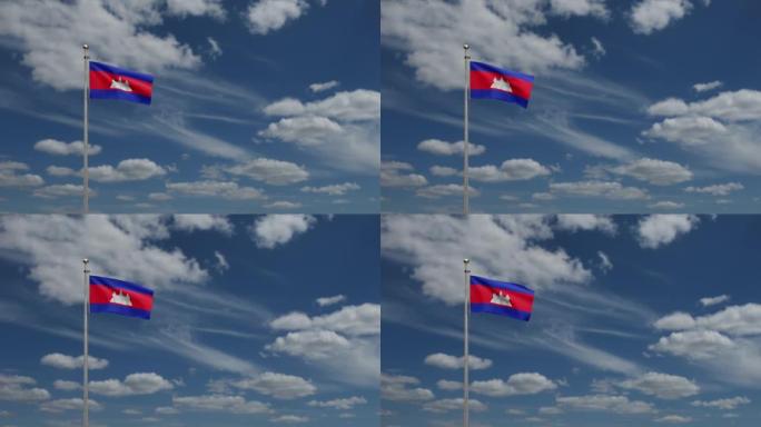 3D，柬埔寨国旗迎风飘扬。柬埔寨旗帜吹柔丝