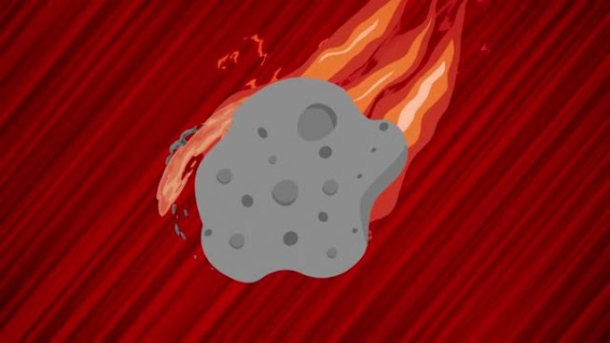 红色背景上的飞行小行星。坠落流星体的循环动画。在动态抽象背景上移动陨石。运动中的动画流星。具有动作效
