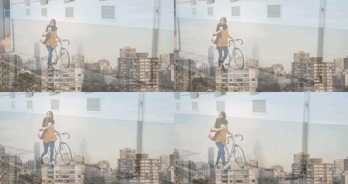 亚洲妇女在希贾布与自行车在城市景观的动画