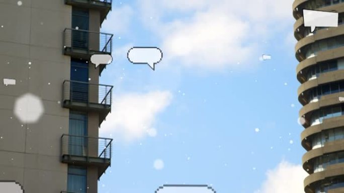 白色粒子和多个空白气泡漂浮在高楼大厦上