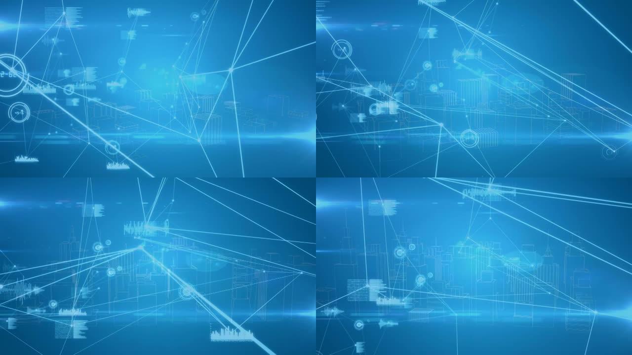 蓝色背景上针对3d城市模型旋转的连接和数据处理网络