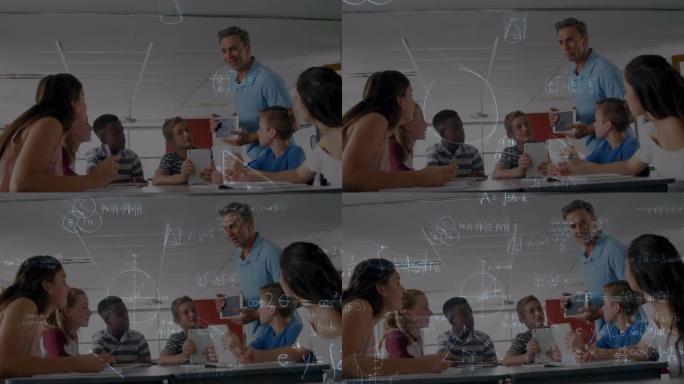 反对使用数字平板电脑教学生的白人男性老师的数学方程