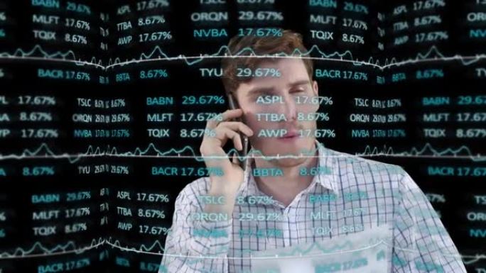 白人男子在黑色背景下在智能手机上聊天的股票市场数据处理