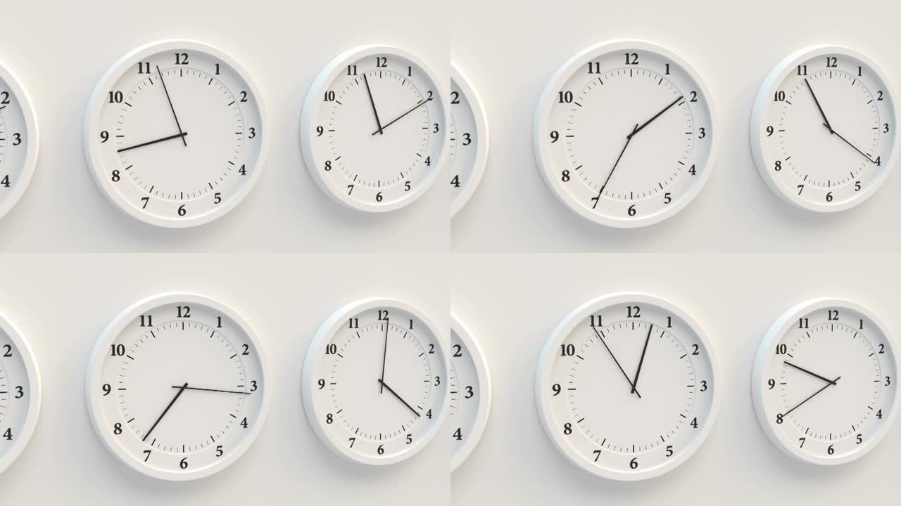 时间流逝的循环动画中的白色钟面特写