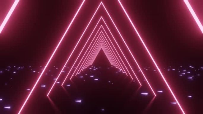 3d动画抽象背景霓虹三角光效果。背景的4k 3d渲染，横幅设计。美丽的粉红色三角形隧道在运动图形。
