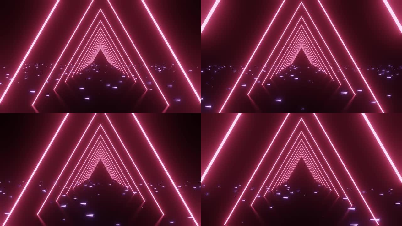 3d动画抽象背景霓虹三角光效果。背景的4k 3d渲染，横幅设计。美丽的粉红色三角形隧道在运动图形。