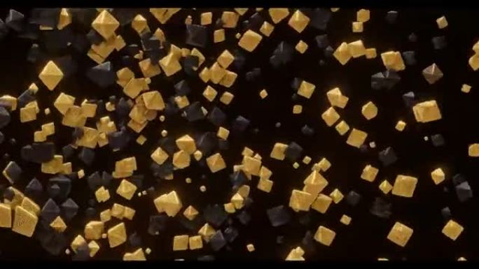 飞行旋转金色和黑色几何形状的3D动画，八面体。用于徽标和标题放置，活动，音乐会，演示，网站。抽象4k