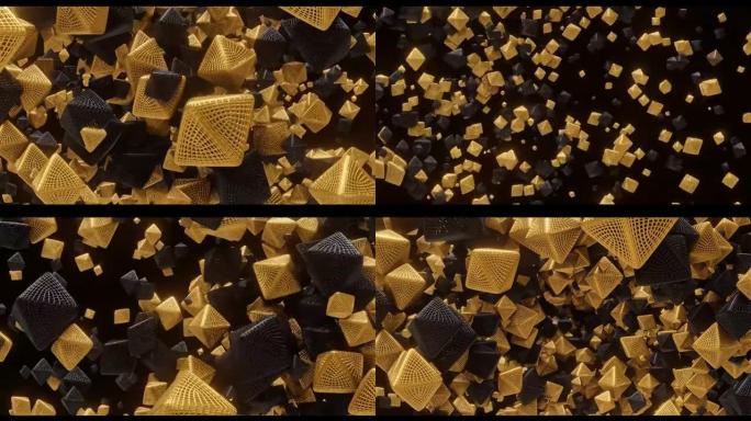 飞行旋转金色和黑色几何形状的3D动画，八面体。用于徽标和标题放置，活动，音乐会，演示，网站。抽象4k