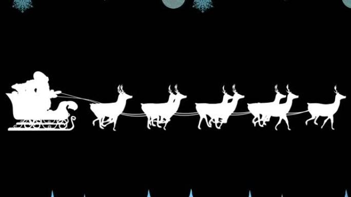 白色圣诞老人雪橇和驯鹿的动画，带有蓝色的树顶，雪花，星星和小玩意