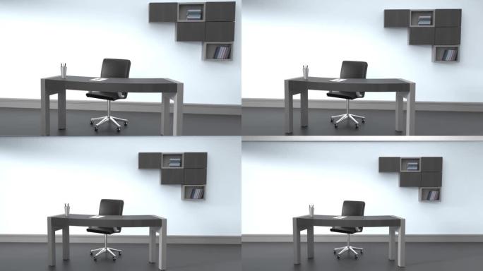 简单而现代的家庭办公空间，简约家具，面对4k分辨率的蓝灰色墙壁