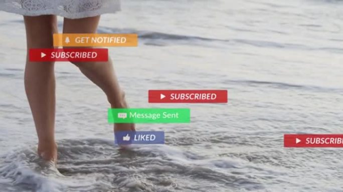 假日在海里划桨的女人腿上的社交媒体通知动画
