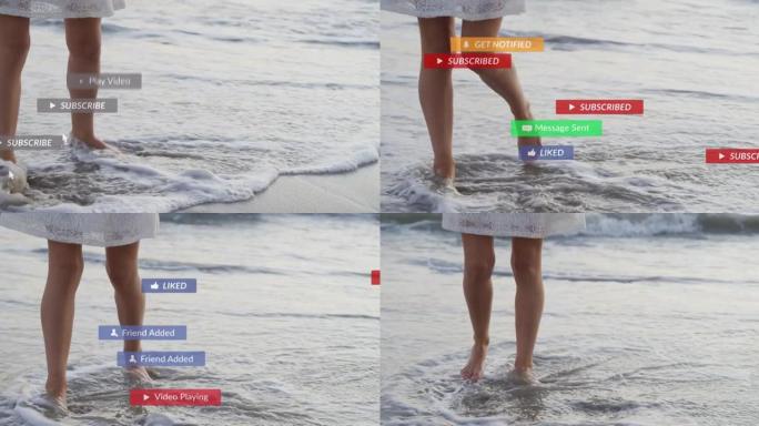 假日在海里划桨的女人腿上的社交媒体通知动画