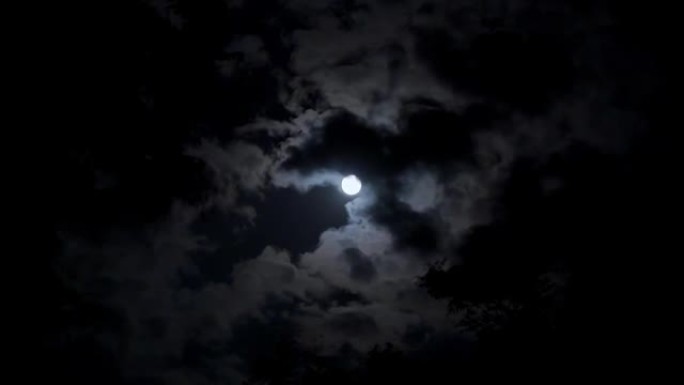 夜空中明亮的满月漂浮在云层中。一幅可怕的图画，夜惊心。