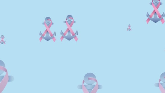 动画的多个粉红色丝带锚标志飞行在蓝色的背景
