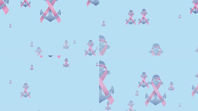 动画的多个粉红色丝带锚标志飞行在蓝色的背景