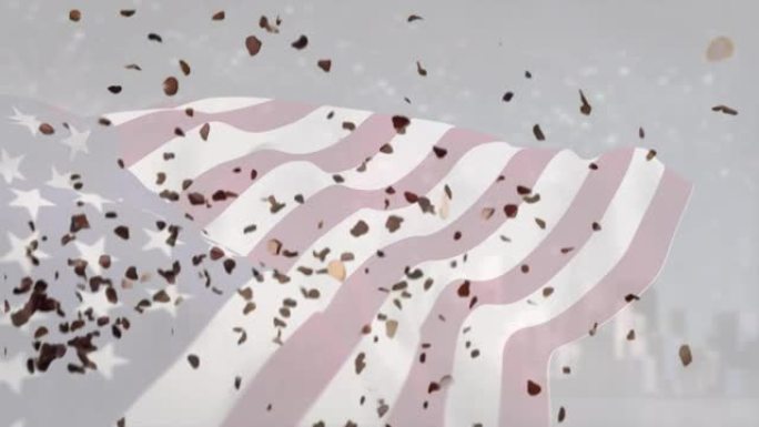 数字组成的五彩纸屑落在美国挥舞的旗帜反对烟花在城市景观