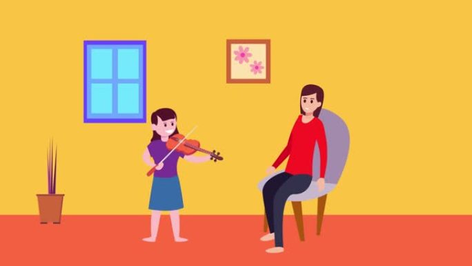小女孩在家和妈妈拉小提琴
