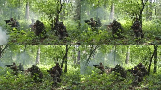 武装士兵投掷手榴弹，攻击敌人在森林中的哨所