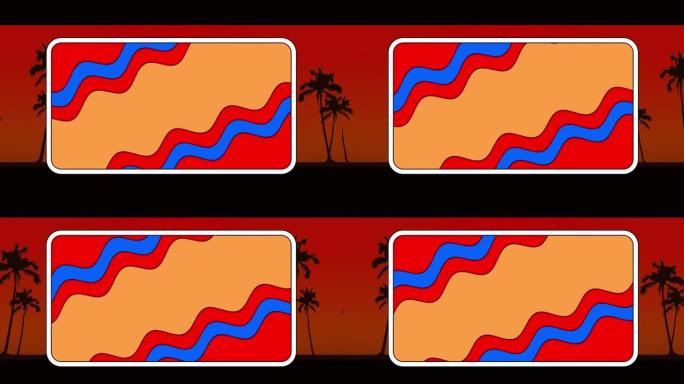 矩形红色，蓝色和橙色波浪线的动画，红色上有黑色棕榈树
