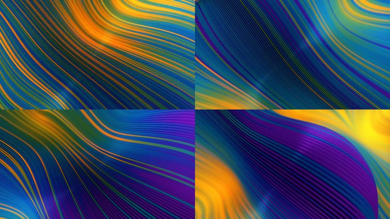 条纹图案浮动五彩线的波浪形数字动画。具有弯曲几何形状的抽象模板。创意彩虹色装饰。3d渲染。4K，超高
