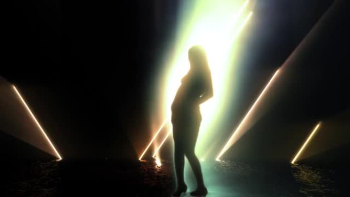 灯光激光舞台3D渲染中的剪影性感舞者