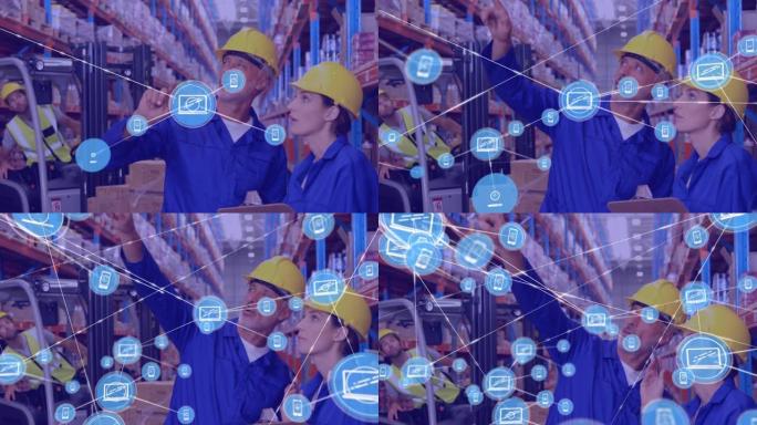 高加索男性主管和女性工人在仓库检查库存的数字图标网络