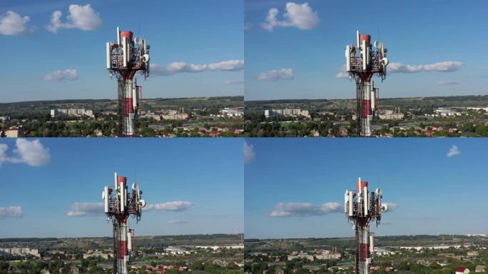 4g和5g蜂窝电信塔。基站或基站收发站。无线通信天线发射机。天线对着蓝天的电信塔。