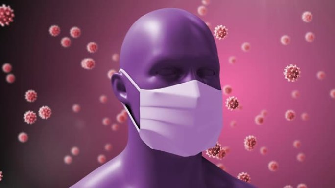 戴着口罩的人脸模型在粉红色背景上针对多个新型冠状病毒肺炎细胞旋转