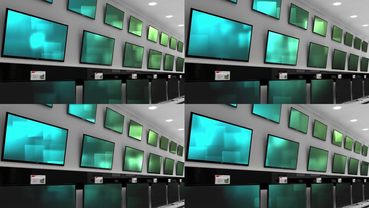 商店中带有绿色屏幕的成排电视机的动画