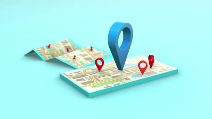地图城市的智能手机定位器标记和位置pin或导航图标符号搜索旅行。3D抽象概念背景4K UHD视频动画