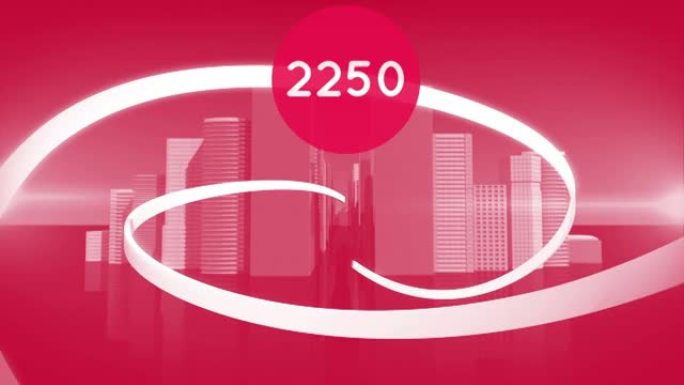红色背景下3d城市模型上的红色圆形横幅上的数字增加
