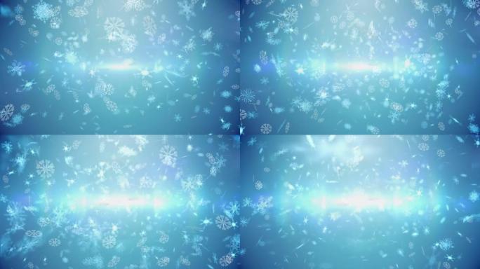白色雪花落在蓝色背景上的发光灯光上的动画