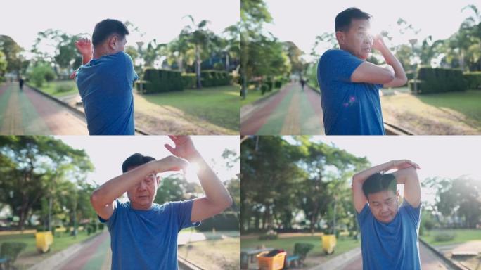 亚洲高级男性在户外公园锻炼前做手臂热身，晴天，早上积极运动，保持强壮，男性睾丸激素和代谢系统