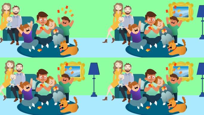 绿色背景下的家庭拥抱构成