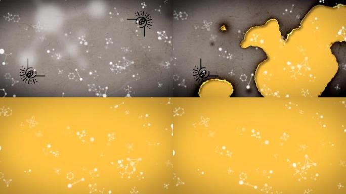 在黄色背景下漂浮的分子结构上燃烧的纸张的数字动画