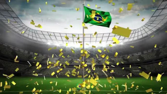 金色五彩纸屑在背景下向体育馆挥舞着巴西国旗