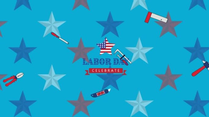 劳动节的动画在工具和美国国旗上庆祝文字