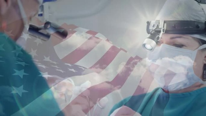 在医院进行手术时戴着放大镜的女外科医生的美国国旗